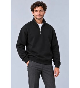 Biçomi Erkek Üç İplik İçi Şardonlu Dik Yaka Yarım Fermuarlı Kışlık Sweatshirt - Siyah