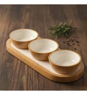 Mango Ağacı Standlı 3'lü Kase Seti - İçi Emaye Kaplama Doğal Ahşap Çerezlik ve Sosluk - 30 cm Sunum Tepsili Dekoratif Set (DÜZ DESEN)