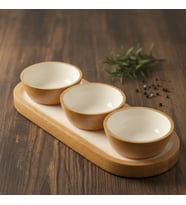Mango Ağacı Standlı 3'lü Kase Seti - İçi Emaye Kaplama Doğal Ahşap Çerezlik ve Sosluk - 30 cm Sunum Tepsili Dekoratif Set (DÜZ DESEN)