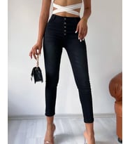 Kadın Yüksek Bel Çok Düğmeli Full Likralı Kot Pantolon Jean (Siyah)
