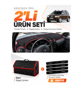 DACİA DUSTER 1.NESİL MAKYAJSIZ (2009-2013) Uyumlu Torpido Örtüsü + Deri Bagaj Çantası Seti - Siyah Kırmızı