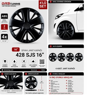 Peugeot Uyumlu 16 Inç Kırılmaz Parlak Siyah Jant Kapağı 1 Takım 4 Adet No:428