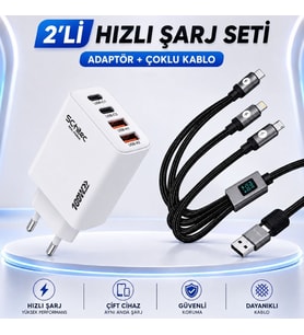 SChitec 100W 4 Çıkışlu Hızlı Şarj Başlığı ve 5in1 100W Göstergeli Type-C ve UsbA Girişli Micro Type-C Lightning Çıkışlı Hızlı Şarj