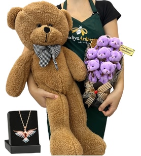 Kişiye Özel 7'li Peluş Ayıcık Buketi, Renkli Anka Kuşu Kolye ve Kahverengi Peluş Ayıcık (Model 3)