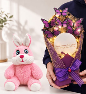 LED Işıklı Aynalı Büyük Boy Mor Kelebek Buketi ve Peluş Tavşan Sevgiliye Kadına Hediye