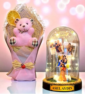 Sizlere Özel İsimli 3 Fotoğraflı Led Işıklı Fanus ve Pembe Peluş Ayıcık Buketi (Model 9)