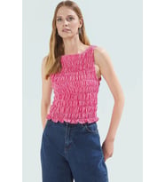 Fitted Gofre Dokuma Bluz Kolsuz Kayık Yaka Günlük Tarz Modern Stil Kullanım İçin (Pembe)