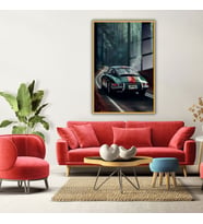 Metal Çerçeveli Temperli Cam Tablo Arkadan Porsche Görseli (Gold)
