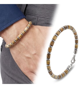 💎 Premium Odun Jasper & Silver Hematit Taşlı Ayarlanabilir Çelik Zincir Erkek Bileklik 31832B10D4M2 - 23 cm