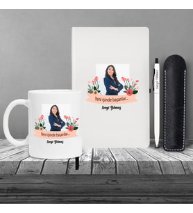 Kişiye Özel Yeni İş Temalı Beyaz Defter ( Siyah Kenar ) & Beyaz Tükenmez Kalem ve Kupa