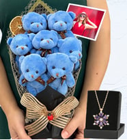 Kişiye Özel Fotoğraflı Büyük Boy 7'li Peluş Ayıcık Buketi ve Gerçek Ametist Taşlı Lotus Kolye (Model 5)