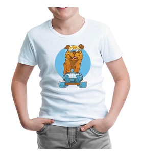 A Dog on a Blue Skate Wearing Sunglasses Beyaz Çocuk Tshirt