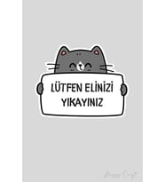 Lütfen Elinizi Yıkayınız Sticker Gri Kedi Figürlü Etiket