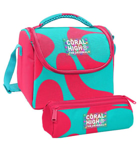 Coral High Kız Çocuk Kırmızı Turkuaz Renkli Çizgili Thermo Beslenme Çantası ve Üç Bölmeli Kalemlik Seti