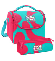 Coral High Kız Çocuk Kırmızı Turkuaz Renkli Çizgili Thermo Beslenme Çantası ve Üç Bölmeli Kalemlik Seti