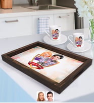 BK Gift Kişiye Özel İsimli Sevgililer Karikatürlü Doğal Ahşap Tepsi ve 2’li Kahve Fincan Seti-56