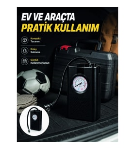 Mey İthalat® Taşınabilir Araç Hava Pompası Analog Manometreli Lastik Şişirme Pompası
