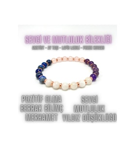 SERTİFİKALI Sevgi ve Mutluluk Bilekliği  Doğal Taş 6mm Misinalı Ay T. Pembe K. Lapis Ametist