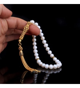 ALTIN KAPLAMA ZİRKON TAŞLI GÜMÜŞ SET İNCİ TAŞLI TESBİH (Beyaz)