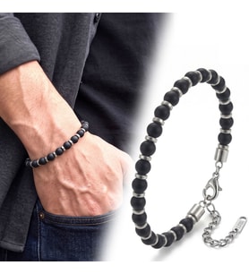 Premium Parlak ve Şık Siyah Oniks & Beyaz Hematit Taşlı Çelik Erkek Bileklik (23cm Ayarlanabilir)