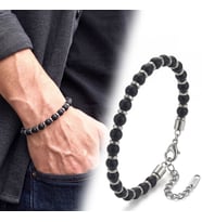 Premium Parlak ve Şık Siyah Oniks & Beyaz Hematit Taşlı Çelik Erkek Bileklik (23cm Ayarlanabilir)