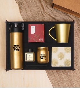 Premium Gold Hediye Seti - Matara, Ortam Kokusu, Mum, Kupa & Taş Bardak Altlığı, Filtre Kahve