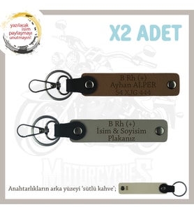 Motor Severlere, İsim Plaka ve B Rh (+) Kan Grubu Yazılı x2' li Anahtarlık Hediye, Kül Gri-Kahve-SK (Çok Renkli)