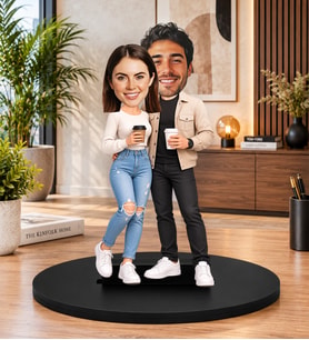 Kişiye Özel Fotoğraflı Kahve İçen Çift Biblosu Karikatür Sevgiliye ve Eşe Romantik Hediye