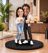Kişiye Özel Fotoğraflı Kahve İçen Çift Biblosu Karikatür Sevgiliye ve Eşe Romantik Hediye