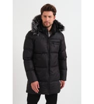 Erkek Kürk Kapüşonlu Uzun Model Siyah Şişme Mont & Kaban & Parka