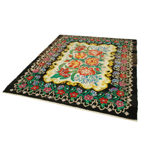 Siyah El Dokuma Kilim Çiçekli Klasik Göbekli Desen Salon Tipi Dekoratif Etnik