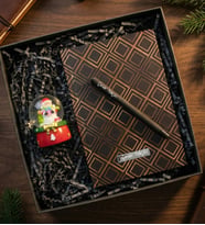 Kişiye Özel Gold Renk Defter & Siyah Kalem & Yılbaşı Kar Küresi Hediye Seti