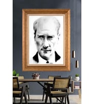 Altın Varaklı Çerçeveli Paspartulu Atatürk Tablo nh486 (Gold)