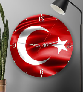 Ay Yıldız Bayrak Tasarımlı Özel Yuvarlak Duvar Saati 20cm (Kırmızı)