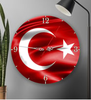 Ay Yıldız Bayrak Tasarımlı Özel Yuvarlak Duvar Saati 20cm (Kırmızı)