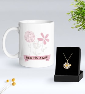 BK Gift Kişiye Özel İsimli Çiçek Tasarımlı Beyaz Kupa ve Papatya Kolye Hediye Seti - 18, Sevgiliye Hediye, Anneye Hediye, Arkadaşa Hediye