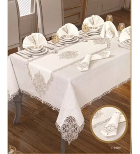26 Parça Elegant Linen Krem-Gold 12 Kişilik Şık Çeyizlik Masa Takımı Supla Runner
