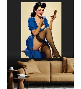 Mavi Elbiseli Retro Pin-Up Dekoratif Kanvas - Mdf Ahşap Tablo