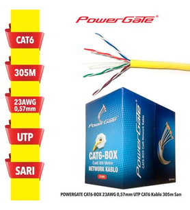 POWERGATE CAT6-BOX-YL, 23AWG, 0,57mm, UTP, CAT6 Kablo, 305m, Sarı