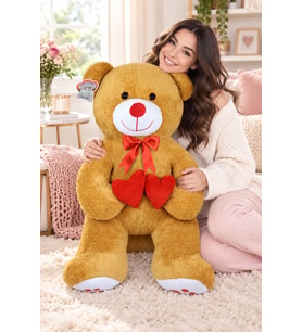 Harika Peluş 80 cm Çift Kalpli Pelüş Ayıcık Bobo (Kahverengi)