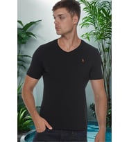 T8568 DEWBERRY V YAKA ERKEK T-SHIRT-DÜZ SİYAH