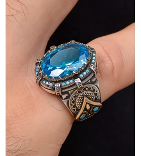 Aquamarine (Aqua Marin) Taşlı Turkuaz Taş Süslemeli Gümüş Erkek Yüzüğü 800463