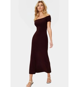 Maxi Elbise Örme Kumaş Kısa Kol Carmen Yaka Bodycon Kalıp Yazlık Mükemmel Uyum