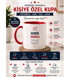 Kişiye Özel Kırmızı Kulplu Kupa Bardak 330 ml Fotoğraf İsim Yazı Logo Baskılı Porselen Kendin Tasarla