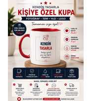 Kişiye Özel Kırmızı Kulplu Kupa Bardak 330 ml Fotoğraf İsim Yazı Logo Baskılı Porselen Kendin Tasarla