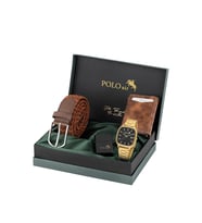 Polo Air Takvimli Hasır Metal Kordon Erkek Kol Saati, Mıknatıslı Otomatik Mekanizmalı Cüzdan, Örgü Kemer Ve Çakmaklı Taba Set Gold Siyah Renk PL-7096E6