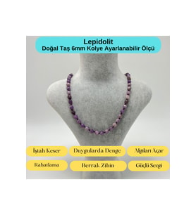 SERTİFİKALI Lepidolit Doğal Taş 6mm Makrome Kolye 45cm- 55cm Ayarlanabilir Ölçü