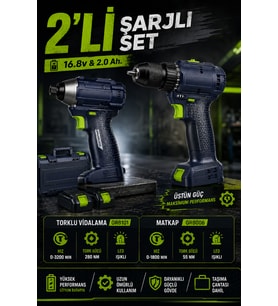 16.8V 2AH Şarjlı Torklu Somun Sıkma Vidalama Matkap Set