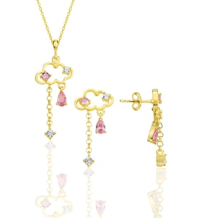 Gümüş altın yaldızlı pembe zirkon taşlı bulut kolye ve küpe ikili set SGTL12353GOLD (Rose)