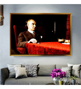 Tablore Kırmızı Örtülü Masada Oturan Atatürk Portresi Kanvas Tablo Ofis Duvar Dekoru